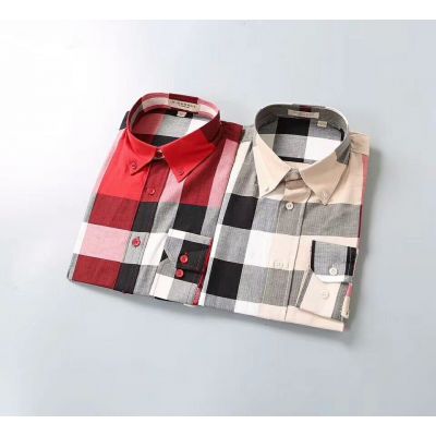 Burberry Spring Fashion British Style Button-down Collar Logo Embroidery Mens Cotton Check Shirt Red/Nude