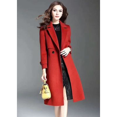 Winter Long Burberry Ladies Red Slanted Slip Pocket Slim-fit Wool Outerwear Double Buttons Tailored Coat