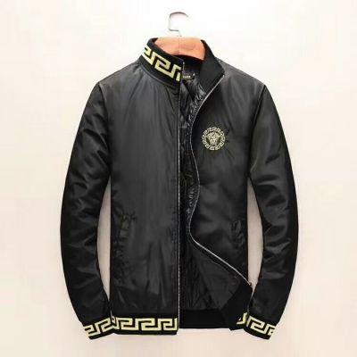 Versace Fashion Greca Border Detail Black Slim-fit Stand Collar Zipper Warm Jacket Latest Medusa Outerwear 