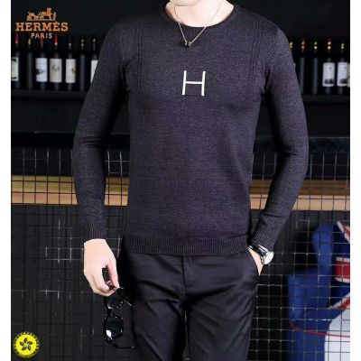 Hermes Silver H Logo Crew-neck Long-Sleeve Mens Black High End Casual Wool Knit Sweater Replica