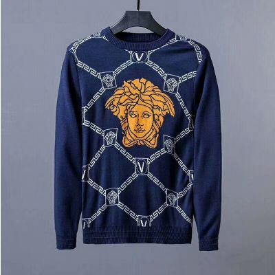 Versace Trendy Greca Border Argyle Motif Spandex & Wool Guy Medusa Crewneck Knitted Sweaters Black/Blue