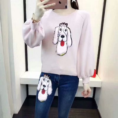 Spring Dior Large Dog Pattern Pink Cotton Long-Sleeve Crewneck Sweaters Blue Slim-fit Jeans Womens Suits  