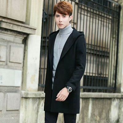 Imitation Spring/Fall Burberry Fashionable Double Button Snap Male Mid-length Black Wool Coat With Hood 