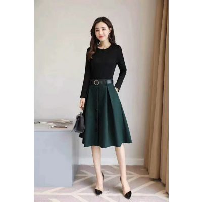 Women's Elegant Style Burberry Black Cotton Patchwork Dark Green Suede Leather Fashion PU Belt Dress 