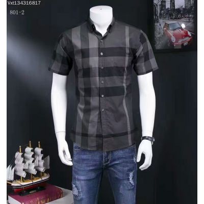 Hot Selling Burberry Mens Black Check Hook-and-Eye Collar Chest Pocket Short-Sleeve Shirts 