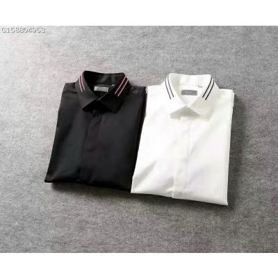 Cheapest Dior Mens Blend Pinstripe-trimmed Collar Covered Placket Bee Embroidery Short-sleeve Shirts Black/White