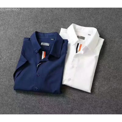 Fashion Dior Multicolor Stripes Details Mens Mercerized & Cotton Blended Short-sleeve Shirts White/Dark Blue 
