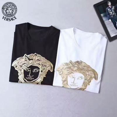 All The Rage Versace Golden Large Embroidered Medusa Guy Regular Fit Mercerized Cotton  T-shirts Black/White 