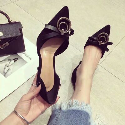 Women's Spring Dior Bow & Rounded Metal Design Suede Leather Pointy Toe Pumps Black/Khaki