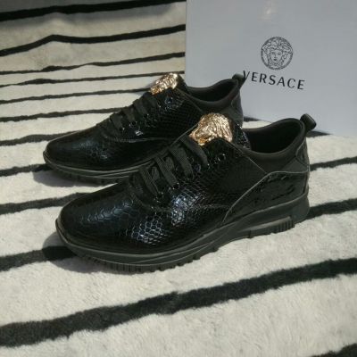 Versace Hot Quality Snake Veins Embossed Guy Black Leather Medusa Lace-up Sneakers For Sale Online 