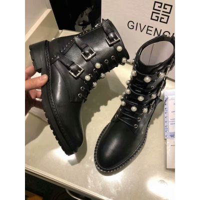 Spring/Fall New Style Givenchy Womens Pear Studs Lace-up Black Leather Flat Ankle Boots Price List 