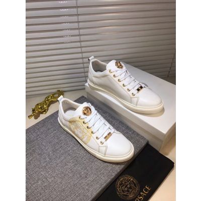 High End Versace Vintage Logo Pattern Gold Medusa Buckle Mens White Leather Lace-up Sneakers UK