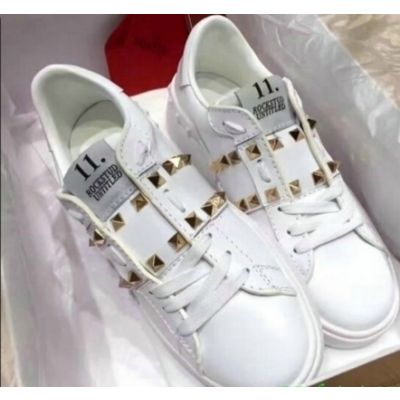 Most Fashion Valentino Number 11 Label Golden Studs Mens White Leather Lace-up Garavani Rockstuds Sneakers  MY2S0931BHS 0BO