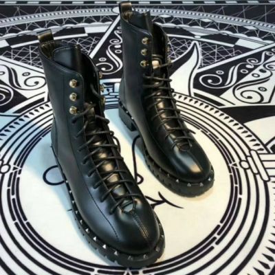 Elegant Style Valentino Black Microfiber Ladies High-Top Lace-up Silver Studs Clone Motorcycle Boots Online 