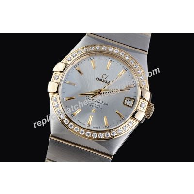  Omega Constellation  Diamonds Bezel Date Rose Gold Swiss Watch 