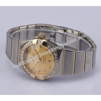 Omega Constellation Diamonds Set Gold Women's 2-Tone  Bracelet Date Watch 