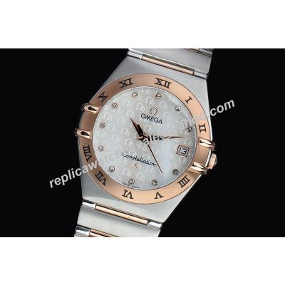  Omega Constellation Ref 123.20.35.20.52.003 Date Rose Gold Bezel Swiss Mop Watch 