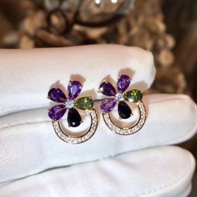 Bvlgari Sapphire Flower Colorful Crystals Ear-stud Yellow Gold/Pink Gold Party Jewelry Wholesale For Women 