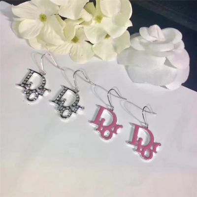 Christian Dior Pink & Crystals Silver Logo Drop Earrings New Arrival Street Fashion Modern Lady Jewelry