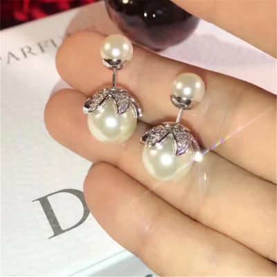 Christian Dior Flower Bud Diamonds Pearl Stud Earrings Sterling Silver  2018