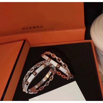 Hermes Bangle Bling Double Layer Crystals Pig-Nose-Circle White Gold/ Pink Gold Plated Best Gift Girls 