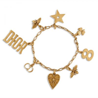 Dior D Porte-Bonheur Multi-charm Aged Metal Gold Chain Bracelet B0818DPBMT D907