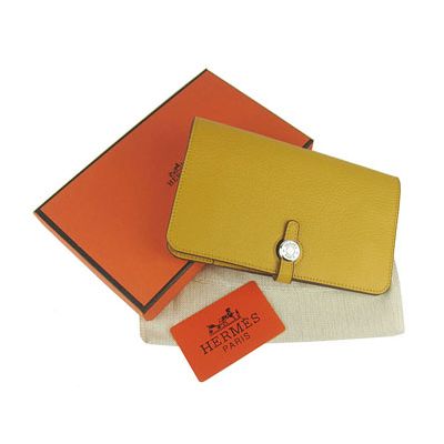 Cheapest Womens Claf Leather Hermes Long Dogon Wallet Removable Change Purse Yellow For Sale 