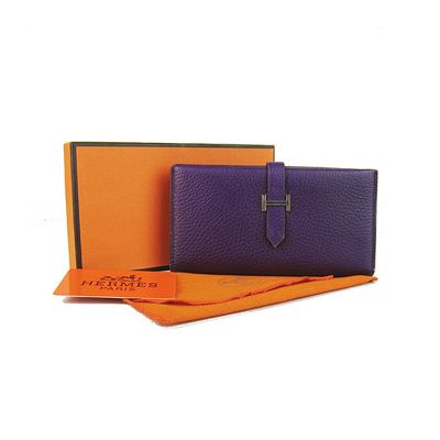 High Quality Women's Hermes Bearn Purple Long Grainy Calf Leather H Loop Wallet  