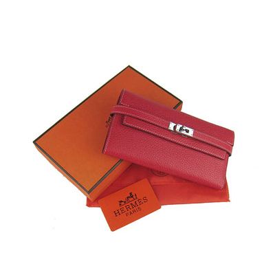 Red Calf Leather Hermes Long Tri-fold Ladies Kelly Wallet Silver Buckle For Sale Online 