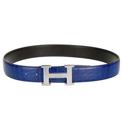 Hermes Silver H Logo Pin Buckle Ladies Popular Sapphire Blue Crocodile Leather Belt Online