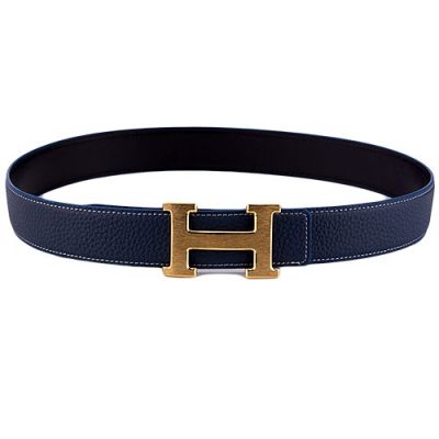 Hermes High End Navy Leather Strap Yellow Brass H Pin Buckle Ladies Belt Price List