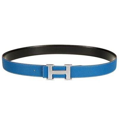 Hermes Silver "H" Anchor Snap On Buckle Ladies Fashion Baby Blue Leather Belt 