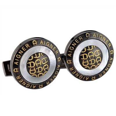 Best  Aigner Trendy Style Round Golden Logo Black Cufflinks For Gathering Occasions
