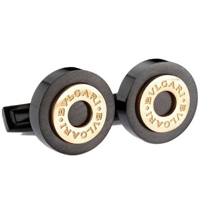 Top Quality Men's Bvlgari Round Gold Carved Center Black Cufflinks Office Style