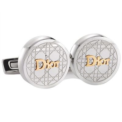 Christian Dior Stylish Style Gold Logo Cannage Engraved Pattern Silver Round Cufflinks Male