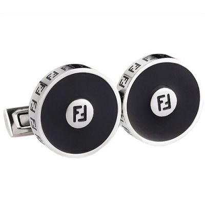 Men's Fendi Best Sale Carved F Logo Black And Silver Business Round Cufflinks