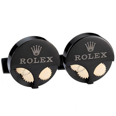 Top Sale Men's Rolex Black Circular Cufflinks Gold Movement Gears Logo Engraved Office Style