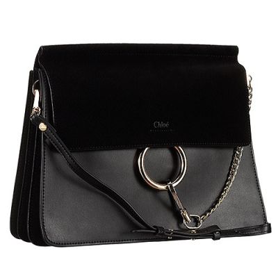  Chloe Faye Women's Black Leather A-shape Shoulder Bag Suede Gold Zipper
