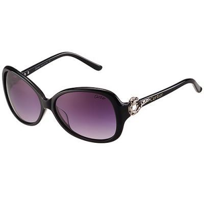 Panthere De Cartier Oval-Shaped Oversized Black Frame Silver Finish Panther Purple Lenses Sunglasses For Women