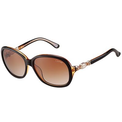Cartier Oval-Shape Brown & Black Frame Golden Double C Logo Owl Motif Amber Lenses Sunglasses For Women