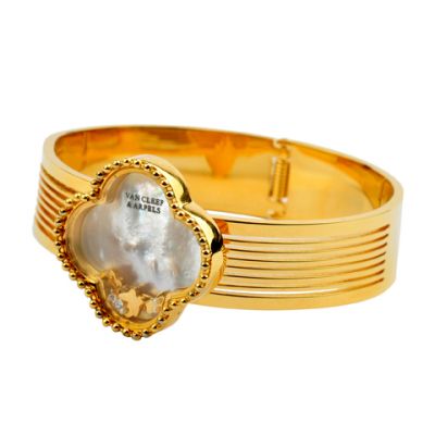 Van Cleef & Arpels Vintage Alhambra Clover Pendant  Wide 18kt Yellow Gold Bangle With Pearl
