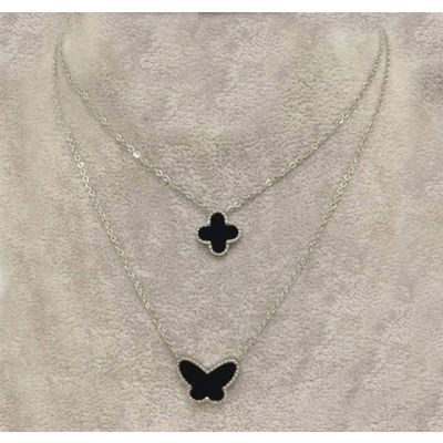 Van Cleef & Arpels Lucky Alhambra Replica White Gold Double Necklace Black Clover & Butterfly Pearl Pendants Price Canada