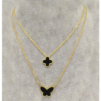 Van Cleef & Arpels Lucky Alhambra Dual Necklace Fake Yellow Gold Black Clover & Butterfly Pearl Pendants Vintage Style