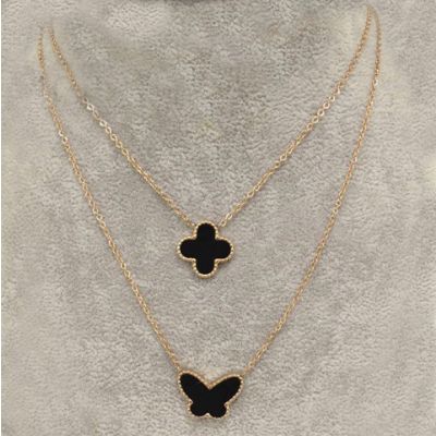  Van Cleef & Arpels Lucky Alhambra Dual Chain Necklace Pink Gold Black Clover & Butterfly Pearl Pendants UK