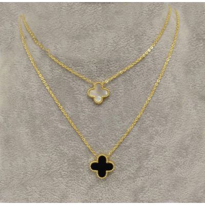 Van Cleef & Arpels Lucky Alhambra Dual Necklace  Yellow Gold Chain Black & White Pearl Clover Pendants