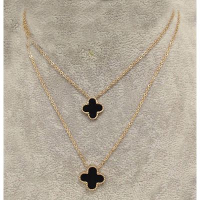 Van Cleef & Arpels Perlee 2 Clover Black Motif Pendants Double Chain Necklace  Pink Gold