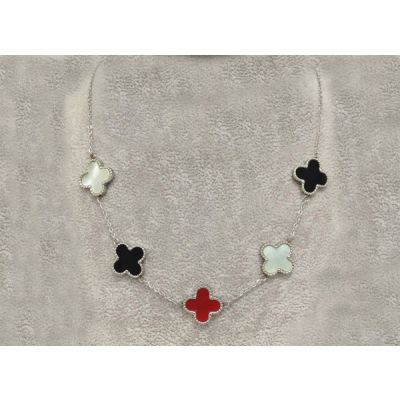 Replica Van Cleef & Arpels Vintage Alhambra 5 White Black Red Clover Pendants Necklace White/Yellow Gold