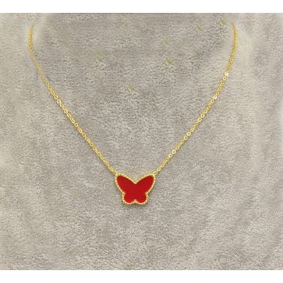 Van Cleef & Arpels Lucky Alhambra  Yellow Gold Necklace With Red Pearl Butterfly Pendant 
