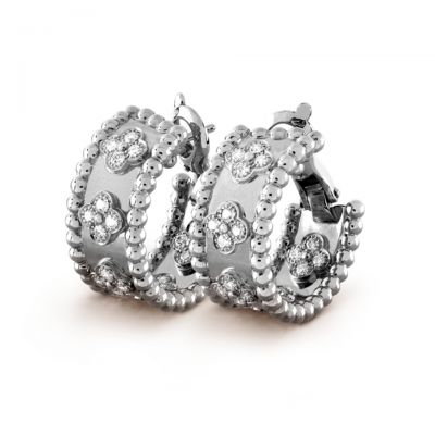 Van Cleef & Arpels Perlee Clovers Diamonds Hoop Earrings 18K White Gold  VCARO2ML00 