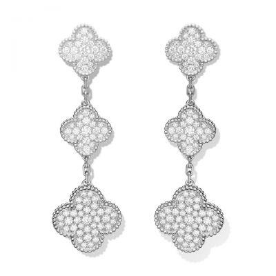 Van Cleef & Arpels Magic Alhambra Drop Earrings  3 Motifs Sterling Silver Diamonds VCARN9MR00